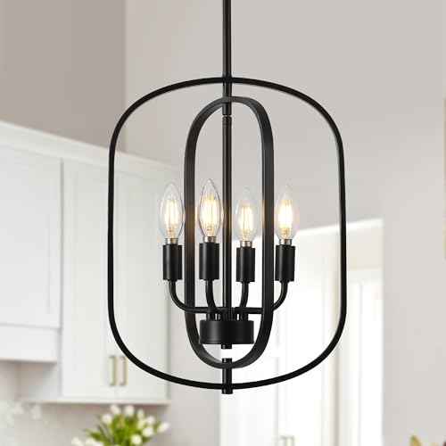 Black Chandeliers for Dining Room, 4-Light Farmhouse Entryway Chandelier, Simple Laundry Room Chandelier, Metal Hanging Light Fixture for Kitchen Island Foyer Stairway Hallway Breakfast