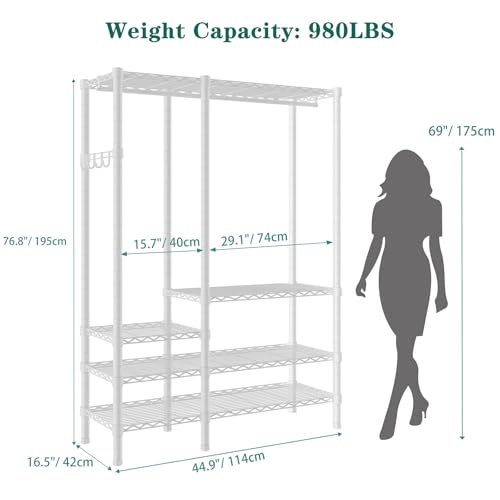 Heavy Duty Garment Rack, Metal Freestanding Closet Wardrobe Clothes Racks for Hanging Clothes, 4 Tiers Adjustable Wire Shelving, 44.9'' L x 16.5'' W x 76.8 '' H, Max Load 850LBS, White - color: White, size: A3: 5 Tiers with 1 Rods,44.9"L x 16.5"W x 76.8"H