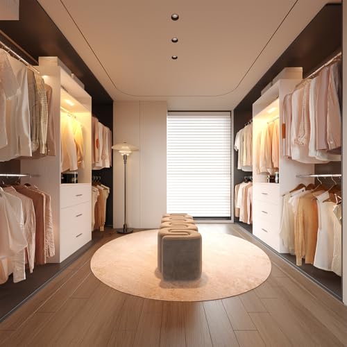 Wooden Closet System With LED Light 11FT Closet Organizer with 3 Wooden Drawers Walk-in Closet Organizer System with Tower and 4 Extendable Hanging Rods White