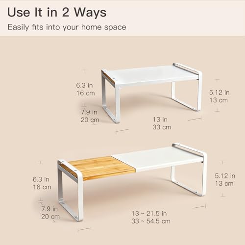 Expandable Cabinet Shelf Organizer & Spice Rack, Stackable Kitchen Counter Shelf with Anti-Slip Legs, Bamboo Cupboard Storage Riser for Dish, Plate & Canned Food (White)