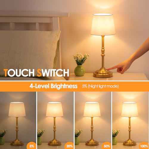 GGOYING Set of 2 Rechargeable Cordless LED Table Lamps, 4-Level Dimmer, Bronze Portable Desk Lamps with White Fabric Shades, Night Light for Dining, Bedroom and Patio