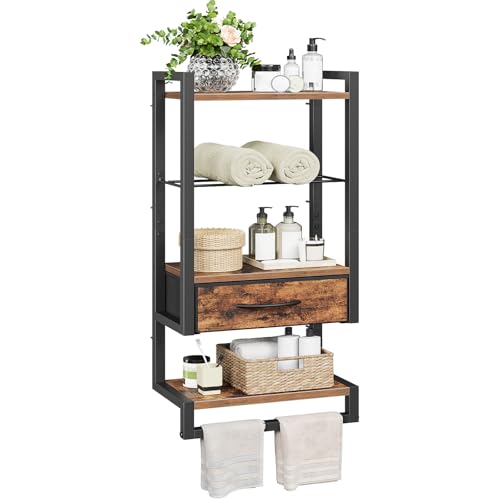 HOOBRO Wall Mounted Towel Rack with Shelf and Drawer, Bathroom Wall Storage Shelf with Towel Bar, Space Saving Over Toilet Organizer for Bathroom, Rustic Brown BF11LB01