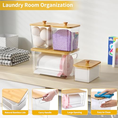 Extra Large Trash Bag Holder 4 Pack Garbage Bag Dispenser Roll Holder with Lid Laundry Room Organizer Under Sink Stackable Storage, Wall Mounted Laundry Dryer Sheet Holder Clear Pod Container - color: 4Pcs