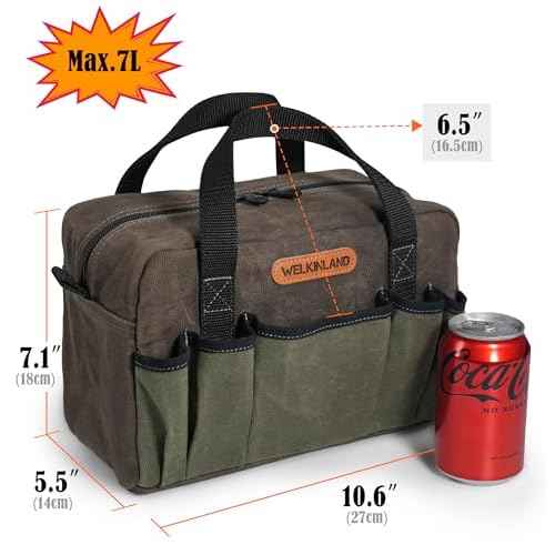 WELKINLAND 14-Pocket Waxed Canvas Tool Organizer - Heavy Duty Electrician's Tool Bag, Small Size