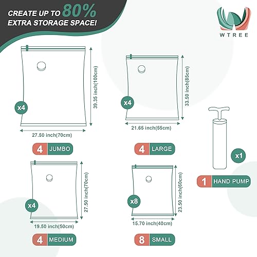 WTREE 20 Pack Vacuum Storage Bags, Space Saver Bags, Vacuum Sealed Bags for Comforters, Blankets, Clothes Storage, Hand Pump Included (4 Jumbo/4 Large/4 Medium/8 Small)