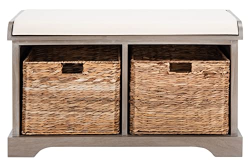 SAFAVIEH Home Collection – Freddy White Wash Storage Bench with Wicker Baskets & Cushion, Entryway Seating Bench, Fully Assembled (AMH5736G) - color: White Washed