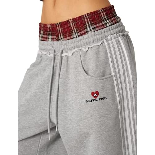 Aelfric Eden Baggy Wide Leg Sweatpants for Women Plaid Patchwork Sweat Pants Loose Long Pants with Pockets