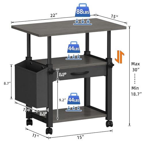 YAOHUOO 22"x15" Large Printer Stand with Drawer and-side Bag, Adjustable 3-Tier Printer Cart for Home Office, Rolling Printer Stand Fit Heat Press/Laser/3D Printer (Grey) - color: Gray, size: 3-Tier