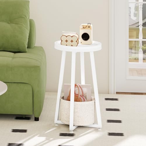 HOOBRO Small Round Side Table, 2-Tier Round Sofa End Table, Compact Nightstand with Cotton Linen Storage Basket, for Small Space, Living Room, Bedroom, Dorm, White WW183BZ01 - color: White