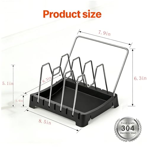Adjustable Pot Lid Holder with Drip Tray, 2 in 1 Pot Lid Organizer & Spoon Rest, Stainless Steel Lid Holder for Countertop & Cabinet While Cooking, Space Saving Kitchen Pot Cover Rack, Easy Clean