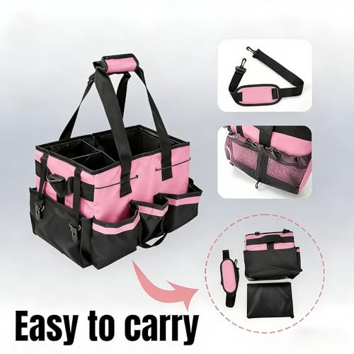 Tool Organizer Tote Bag, Pink and Black, Large Capacity with Adjustable Compartments, Portable Cleaning Storage Caddy, 14.96x10.63x9.06 Inches - color: Pink