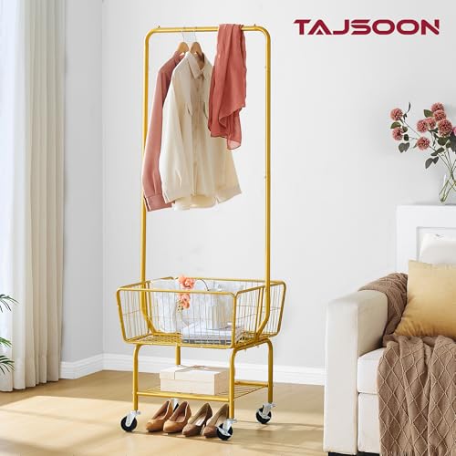 Tajsoon Laundry Cart with Wheels, Metal Rolling Laundry Hamper with Hanging Rack, Storage Basket and Shelf, Gold - color: Gold