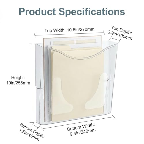 PAG 6-Pocket Clear Wall Mount File Organizer for Office, Vertical Hanging Document Paper Folder Holder for Home, Letter Size Mail Sorter, Transparent Magazine Literature Rack with Mounting Hardware
