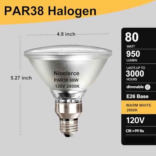 PAR38 Flood Light Bulbs - 4 Pack 80W PAR38 Halogen Bulb 120V Warm White 2800K, PAR 38 Bulb Dimmable E26 Base for Indoor and Outdoor, Long Lasting 950LM PAR 38 Halogen Flood Light