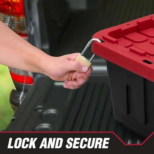 27 Gallon Large Storage Bin with Snap Lid, Black and Red, Heavy Duty Plastic Storage Container