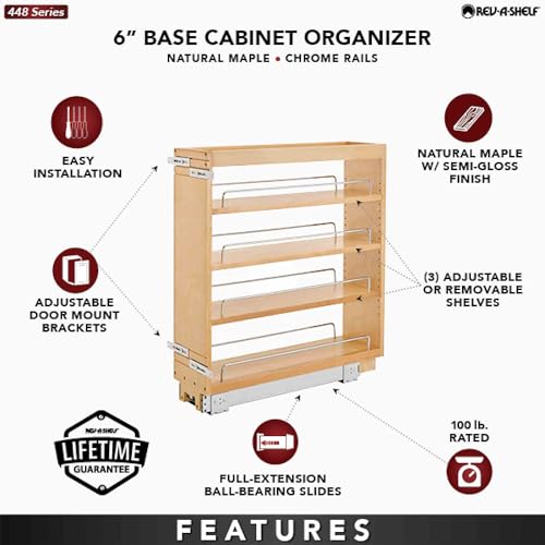 Rev-A-Shelf 6.5 in Pullout Kitchen Cabinet Storage Organizer Slide Out Pantry Spice Rack with Adjustable Shelves, Natural Maple, 448-BC-6C - Home Organizing System for Pots, Pans, and Utensils - size: 6"W"