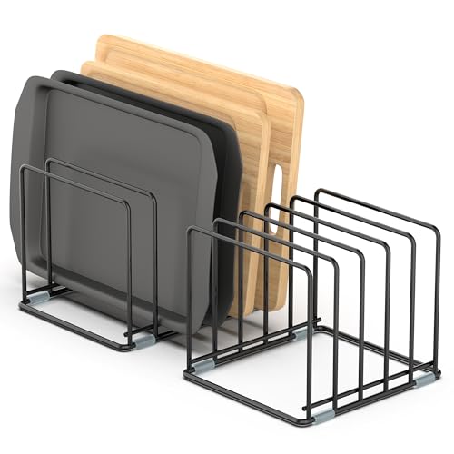 Cutting Board Organizer, [2-Pack] Kitchen Cabinet Organizer, Divided Rack with 5 Slots for Baking Trays, Cutting Boards - Cookie sheet Organizer Inside Cabinet, Baking Sheets Holder (Large) - style: 2PC(Large)