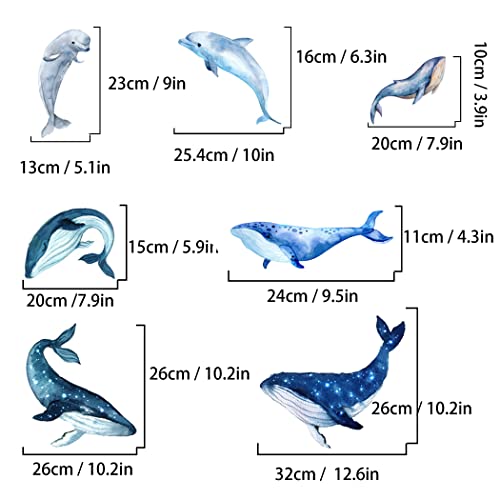 Giant 5 Sets Blue Whale Wall Decals and 2 Sets Jumping Blue Dolphin Wall Stickers Peel and Stick Wallpaper Wall Art Mural Decor for Kids Teens Bedroom Home Office Dorm Party Nursery