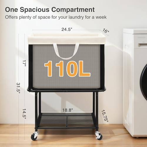 STO STO Rolling Laundry Hamper with Lockable Wheels, 29-Gallon (110L) Laundry Cart with Removable Canvas Bag, 2-Tier Clothes Basket Hamper with Shelf for Closet, Bedroom, Bathroom, Laundry Room