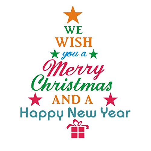 Christmas Tree Letters Wall Decal Wall Art Sticker, Peel and Stick Removable Christmas and New Year Wishes Tree Words Letters Wall Print Stickers Pictures for Door and Window Refrigerator Living room.