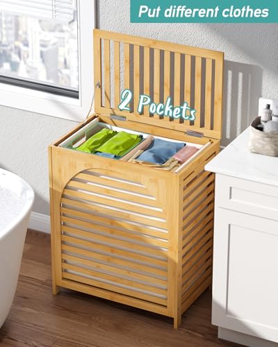 Laundry Hamper with Lid, 27.3 Gallon (103L) Bamboo Wood Clothes Laundry Basket with Lid and Handles, Removable Liner - color: Natural, size: Extra Large