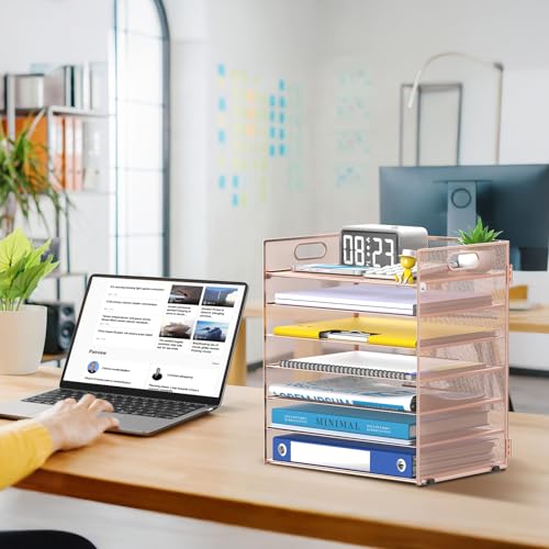 7 Tier Paper Organizer - Mesh Desktop File Holder with Handles for Office School Desk (Rose Gold) - color: Rose gold