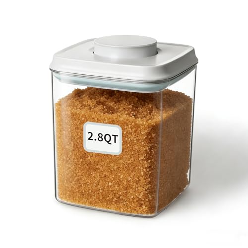 Food Storage Container with Lid, 2.8 Qt Airtight Pantry Canister, BPA-Free Plastic Flour Sugar Storage Container, One-Touch Press-to-Open Lid, Stackable Clear Jar for Rice, Cereal, Coffee, Brown Sugar - color: 2.8 Qt
