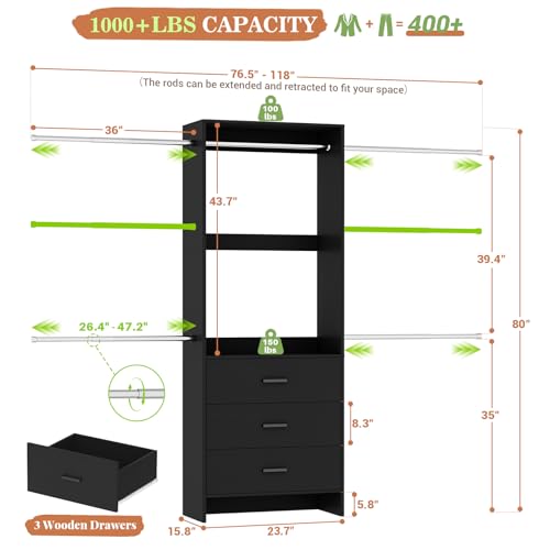 Aheaplus Closet System With 3 Wooden Drawers, Walk-in Wardrobe Organizer, Clothes Rack With 4 Hanging Rods, Garment Rack, -4R, Black - color: Black, size: Without Light
