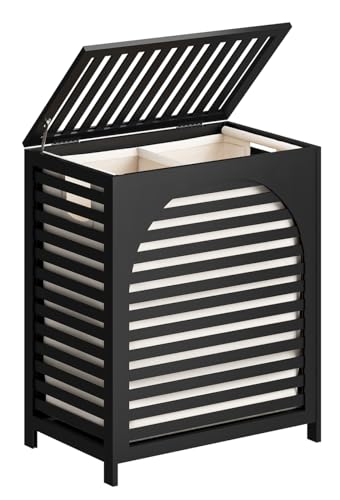 Black Laundry Hamper, Laundry Hamper with Lid, 27.3 Gallon (103L) Bamboo Wood Clothes Laundry Basket with Lid and Handles, Removable Liner - color: Black, size: Extra Large