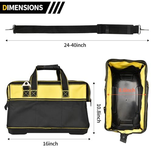 Heavy Duty Tool Bag 16-Inch, 16-Pocket Portable Tool Bag Organizer with Adjustable Shoulder Strap,Soft Handle Large Zipper Carrying Tool bags with Wide Mouth and Waterproof Strong Molded Base