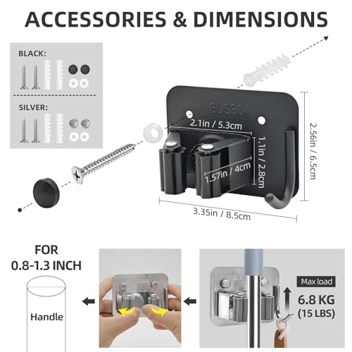 Broom Holder Wall Mount with Screws (4 Pack) Broom and Mop Organizer Wall Hanging, Anti-Slip Mop Holder Broom Hanger with Hooks, Stainless Steel Tool Rack for Garden Garage Organization - color: Silver