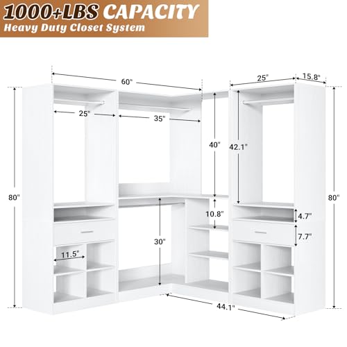 Unikito 86" Corner Closet System, Modular Closets Organizer with 4 Hanging Rods & Corner Tower, Freestanding L-Shaped Walk-In Wardrobe Organizer, Set of 3, White