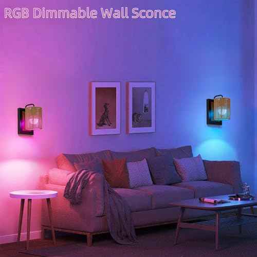 Battery Operated Wall Sconces Set of 2, Wireless Boho Rattan Wall Lights with Dimmable Bulbs, Remote & 12-Color RGB, Rechargeable Lamps for Bedroom, Living Room, Hallway Indoor Lighting