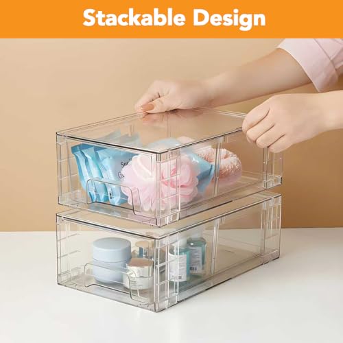 4 Pack Stackable Storage Drawers with Handles, Easy Assembly Clear Acrylic Fridge Organizer, Refrigerator Organizers and Storage for Kitchen, Under Sink, Pantry, Bathroom - size: 4Pack 4.4"H-with Dividers