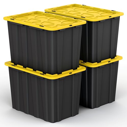 4 PACK X-Large Black & Yellow Storage Bins | Plastic Tote Organizing Container with Secure Latching Lids, Stackable, Extra Strength with Built in Handle | Black and Yellow Bins | 24.5" x 16.5" x 16.6" - size: X-LARGE - 24.5" x 16.5" x 16.6"