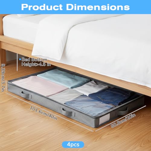 4 Pack Under Bed Storage, Below 4 Inches Underbed Storage Containers Low Profile No Sidewalls Foldable Shallow Storage Bins Organizer with Clear Lid and Zipper