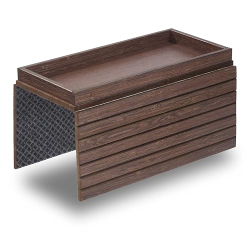 DETOR Couch Arm Tray with Spacious 12.4" x 5.4" Storage Box, Walnut Bamboo Finish, Enhanced Non-Slip Felt Bottom, Sturdy Bamboo Slats, Fits Armrests 6" and Wider - color: Walnut