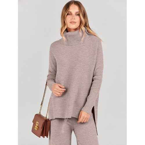 ANRABESS Women Two Piece Outfits Oversized Turtleneck Knit Pullover Sweater Top Wide Leg Pants Lounge Set Sweatsuit 2025 Fall