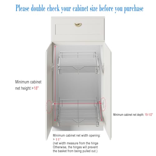 DINDON 2 Tier Pull Out Cabinet Organizer (11" W x 18" D) Heavy-Duty Metal Sliding Drawer Shelf, Two Tier Pull Out Shelves for Kitchen Cabinets, Pantry, Bathroom, Chrome Finish - size: 11'' W X 18'' D