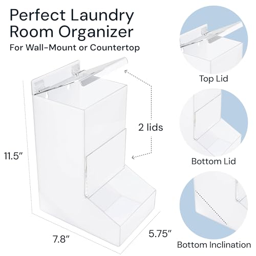 SimplyImagine Acrylic Laundry & Dishwasher Pod Dispenser - Large White Acrylic, 2 Lids - Wall-Mount Or Countertop Gravity Feeder - Laundry Room Organization & Storage for Laundry Pods