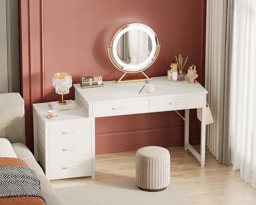 ODK Computer Desk with 5 Drawers, 53 Inch Office Desk for Kids Study, White Vanity Desk for Girls Dressing Room, Small Computer Table for Bedroom, White - color: White