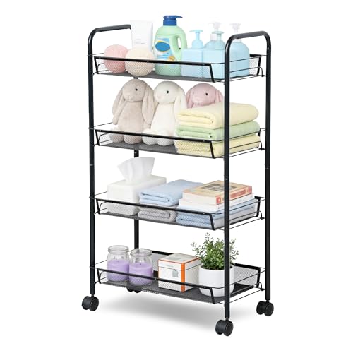 LOFTEY 4 Tier Rolling Storage Cart, Small Metal Utility Cart on Wheels, Rolling Organizer Carts for Kitchen, Bathroom, Laundry Room, Office, Easy No-Tool Assembly, Black