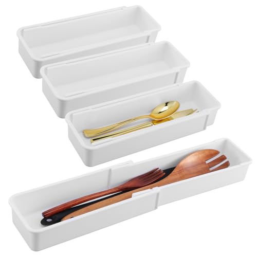 4 PCS Expandable Drawer Organizer, Adjustable Drawer Organizer Trays, Drawers Dividers Organizers and Storage For Office Supplies, Pens, Makeup,Utensils, Tools, Flatware and Junks, White