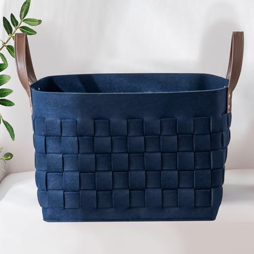 boldmonkey Blankets Basket 16.5 " x13 x13 , Extra Large Rectangular Laundry Hamper with Leather Handle, Soft Dog Toy Basket for Storage-Navy Blue - color: Navy Blue