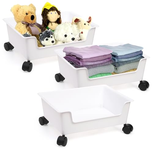 Noamus 3 Pack Under Bed Storage, Underbed Toys Storage Containers with Wheels, Plastic Bedroom Storage Organization, Under Bed Storage Bins Drawer For Clothes Blankets Shoes Books, White