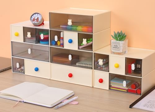 Desktop Storage Drawers, Plastic Desk Organizer with 3 Drawers, Modular Stackable Toolbox Units for Office Stationary, Makeup Container, Bathroom Countertop (1 Tall Layer, Cream) - color: 1 Tall Layer & 3 Drawers, Cream
