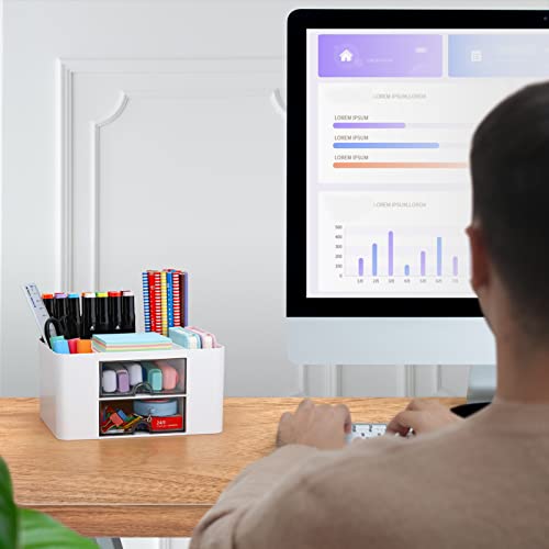 Desk Organizer with 2 Drawer, Plastic Desktop Pen Pencil Card Holder Storage Box for Desk, Office Supplies, Vanity Table Office School Home (White) - color: White