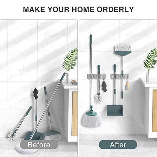 homeasy Wall Mount Mop and Broom Holder, Heavy Duty Stainless Steel Organizer Rack with Hooks | 4-Pack, 2-in-1 No Drill & Screw Installation, Silver - color: Silver-4