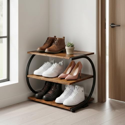 C-Shaped 3-Tier Shoe Rack with Metal Frame & Adjustable Feet - Compact Organizer for Entryway, Closet, Hallway (Holds 11 lbs/Shelf) - size: 17.32" X 11.81" X14.76"