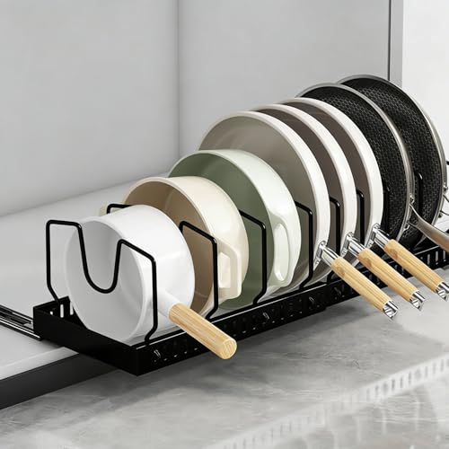 pots and pans organizer under cabinet,pot lid organizers inside cabinet holders for kitchen,Horizontal and vertical pulling modes,Can be extended and adjusted (Black horizontal pull-out) - size: Black horizontal pull-out